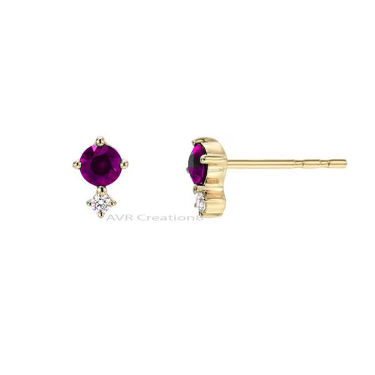 Amethyst & Diamond Round Cut Dainty Stud Earrings For Women, Birthstone Earrings, 925 Sterling Silver, Pushback Earrings, Earrings For Her