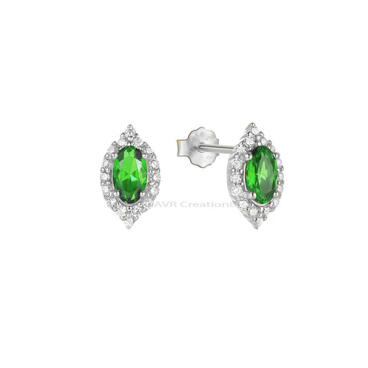 Oval Cut Green Emerald Stud Earrings, Emerald & Diamond Stud Earrings, 925 Sterling Silver, Handmade Stud Earrings, Earrings For Women