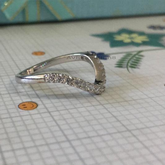 Curved Diamond Wedding Band, Round Pave Diamond Stacking Ring, 14k White Gold Plated Diamond Chevron Ring for Women, Engagement Band