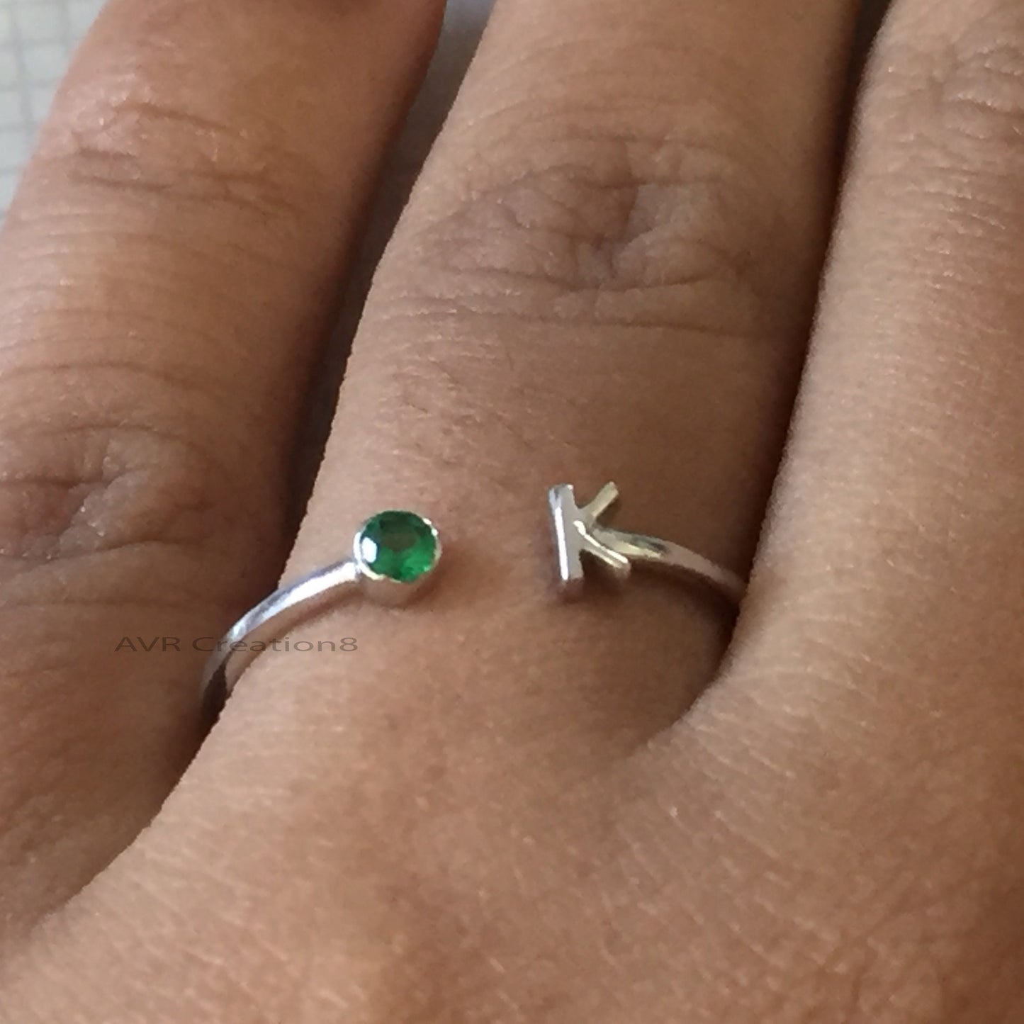 Open Design Emerald and "K" Initial Letter Ring, Dainty Open Cuff Ring, Handmade Ring, Round Emerald Ring, 14k White Gold Plated Size 7