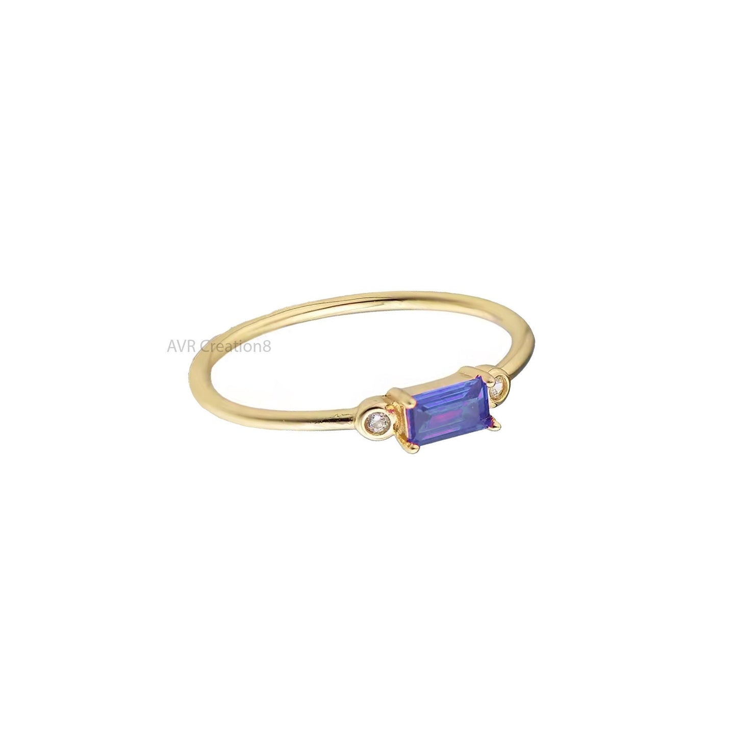 14k Yellow Gold Blue Sapphire Sterling Silver Ring, Blue Stone Ring, Three Stone Ring, Dainty Emerald Cut Ring, Mother's Day Gifts for Her