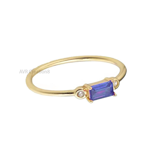 14k Yellow Gold Blue Sapphire Sterling Silver Ring, Blue Stone Ring, Three Stone Ring, Dainty Emerald Cut Ring, Mother's Day Gifts for Her