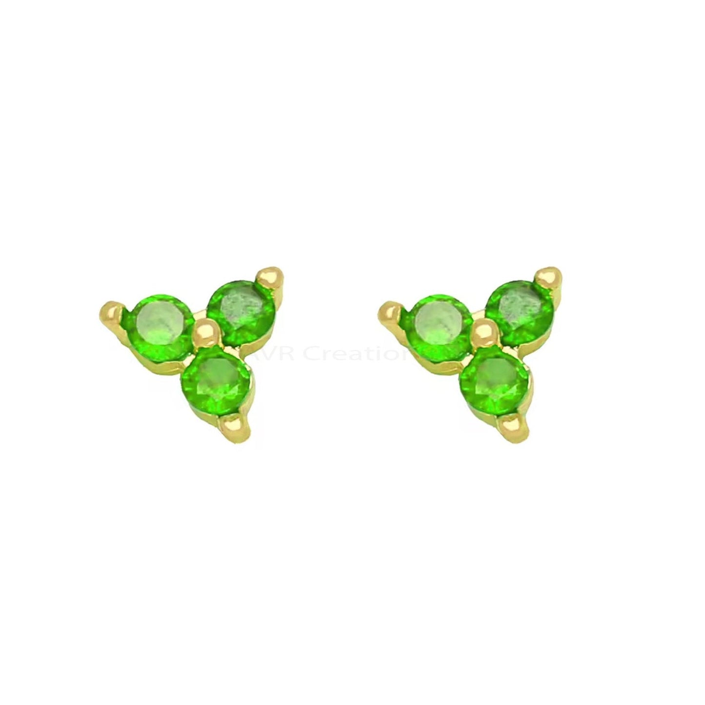 Trio Green Emerald Solitaire Stud Earrings, May Birthstone Earrings, Green Gemstone Earrings, 925 Sterling Silver, Earrings For Women