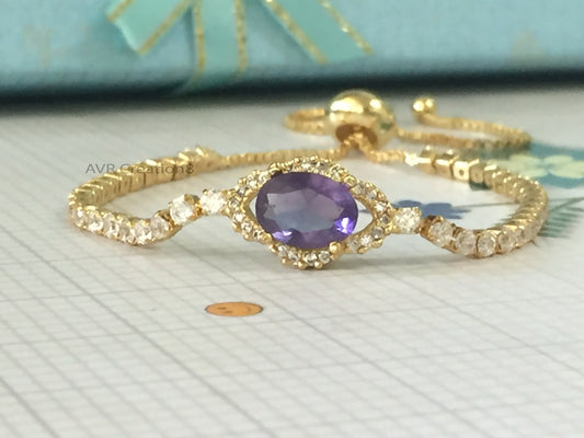 Oval Cut Amethyst Bracelet For Women, February Birthstone Bracelet, Unique Amethyst Bracelet, 14K Yellow Gold Plated, Mother's Day Sale