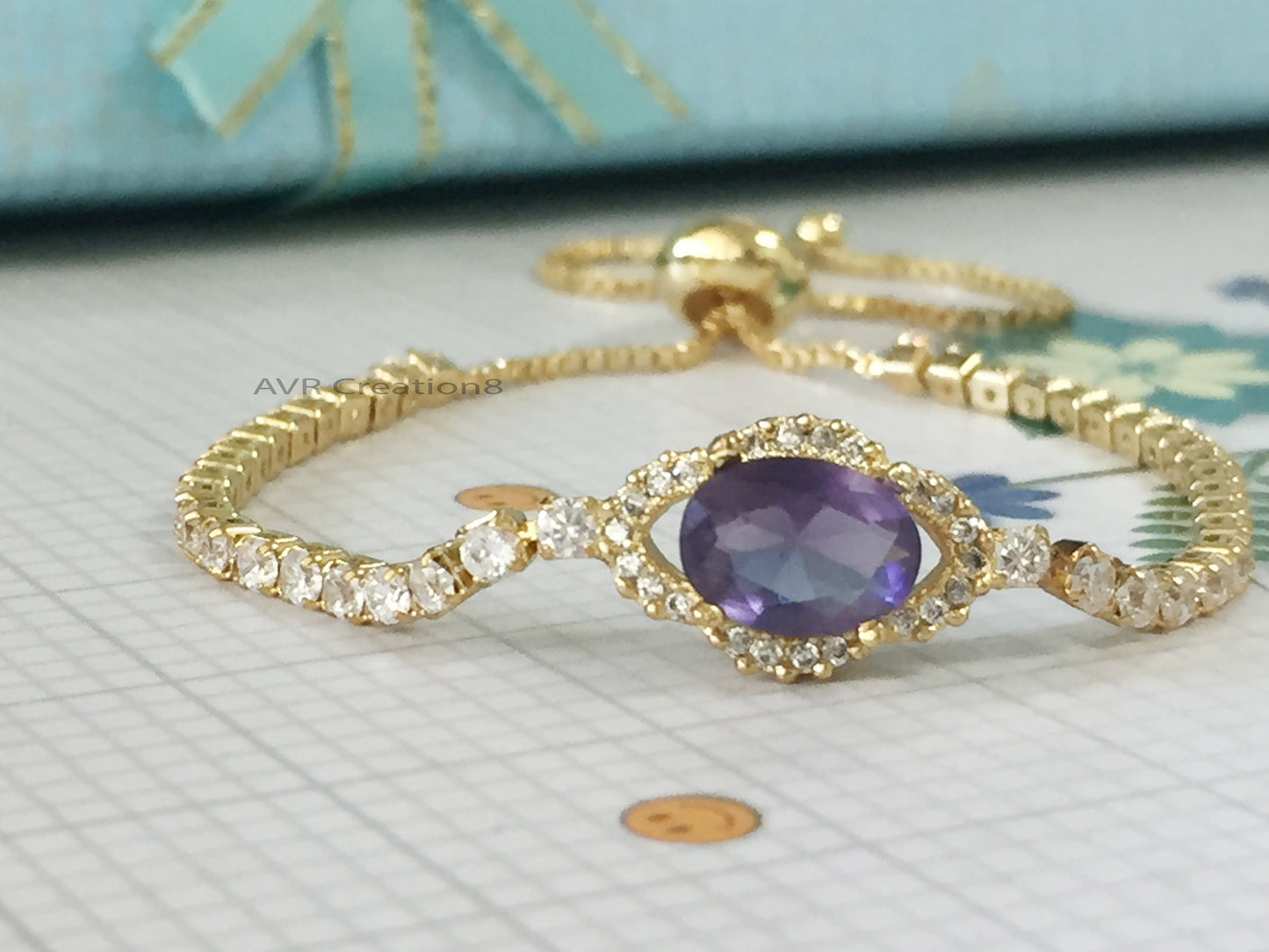 Oval Cut Amethyst Bracelet For Women, February Birthstone Bracelet, Unique Amethyst Bracelet, 14K Yellow Gold Plated, Mother's Day Sale