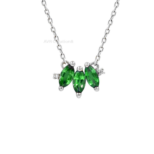 Marquise Cut Emerald Pendant Necklace, Three Marquise Pendant, Necklace with chain, 925 Sterling Silver, Pendant For Women, Anniversary Gift