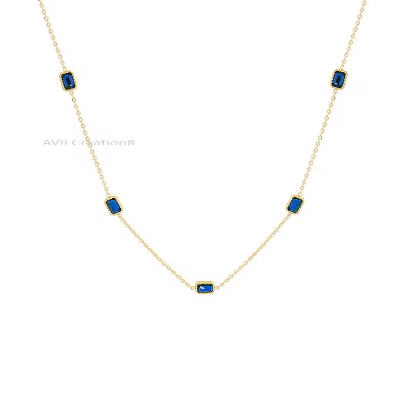 Emerald Cut Blue Sapphire Station Pendant Necklace, Bezel Set Pendant, Blue Gemstone Pendant, 925 Sterling Silver, Gifts For Girlfriend