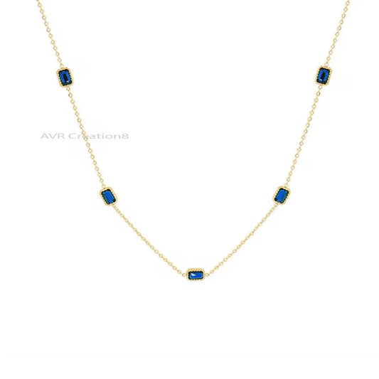 Emerald Cut Blue Sapphire Station Pendant Necklace, Bezel Set Pendant, Blue Gemstone Pendant, 925 Sterling Silver, Gifts For Girlfriend