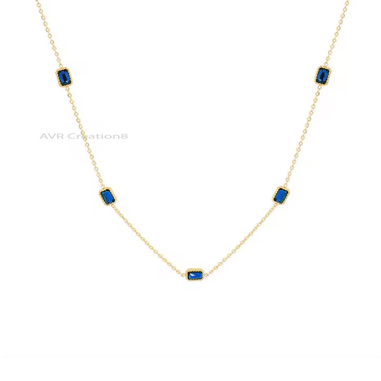 Emerald Cut Blue Sapphire Station Pendant Necklace, Bezel Set Pendant, Blue Gemstone Pendant, 925 Sterling Silver, Gifts For Girlfriend