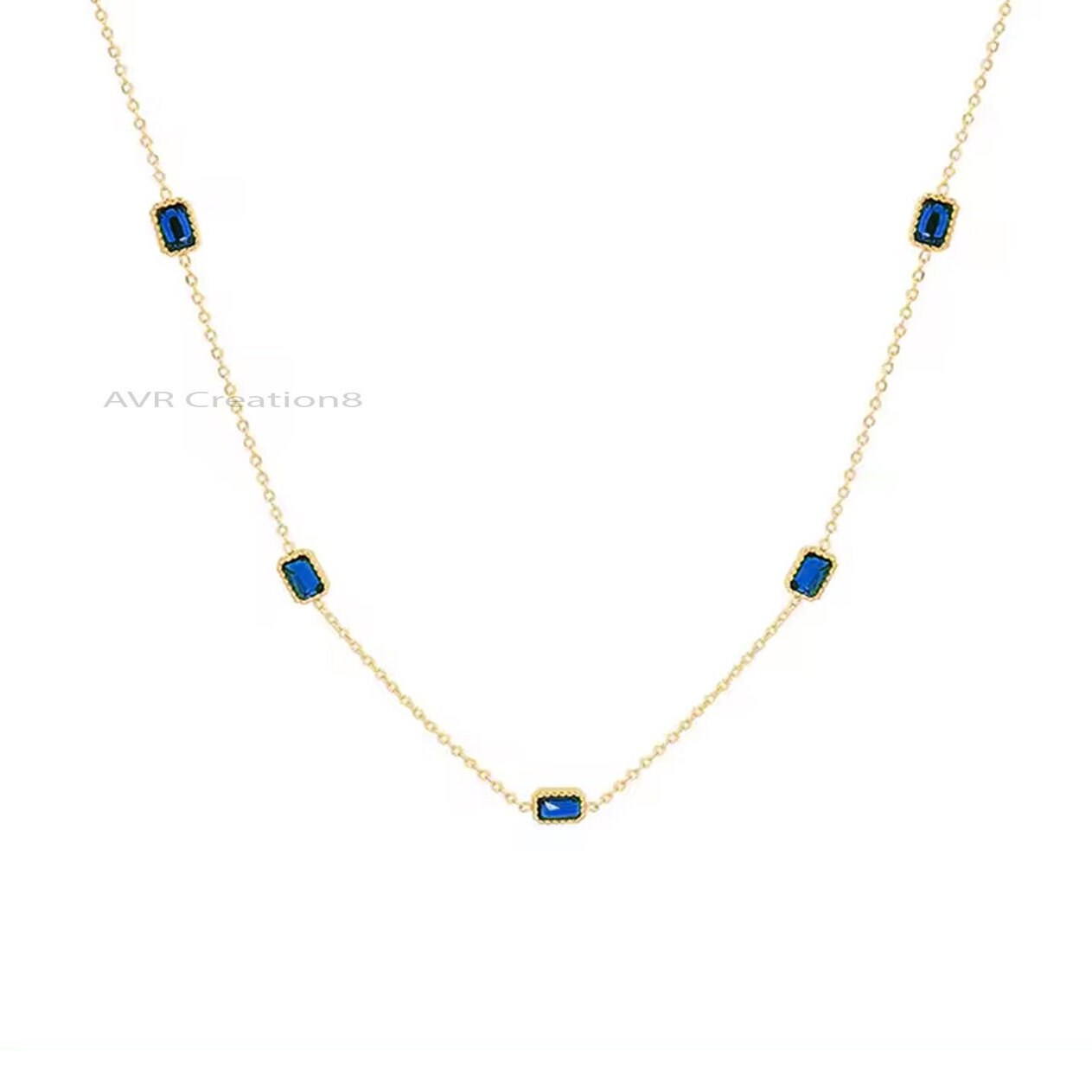 Emerald Cut Blue Sapphire Station Pendant Necklace, Bezel Set Pendant, Blue Gemstone Pendant, 925 Sterling Silver, Gifts For Girlfriend