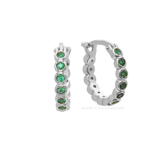 Green Emerald Round Cut Hoop Huggie Earrings, Bezel Set Hoop Earring, May Birthstone Birthday Gifts, 925 Sterling Silver, Earrings For Her