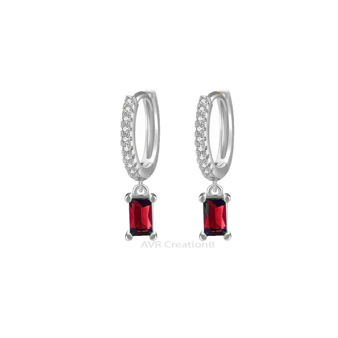 Red Ruby & Diamond Drop Dangle Earrings, Red Stone Earrings, Women Minimalist Earrings, 14K White Gold Plated, Mother's Day Gifts For Mom