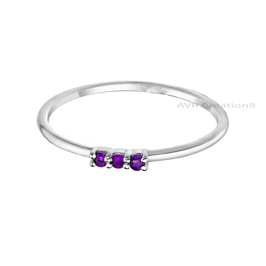 Dainty Purple Amethyst Engagement Ring, Three Stone Ring, Purple Gemstone Ring, Silver Promise Band, Handmade Thin Ring, Mothers Day Gifts