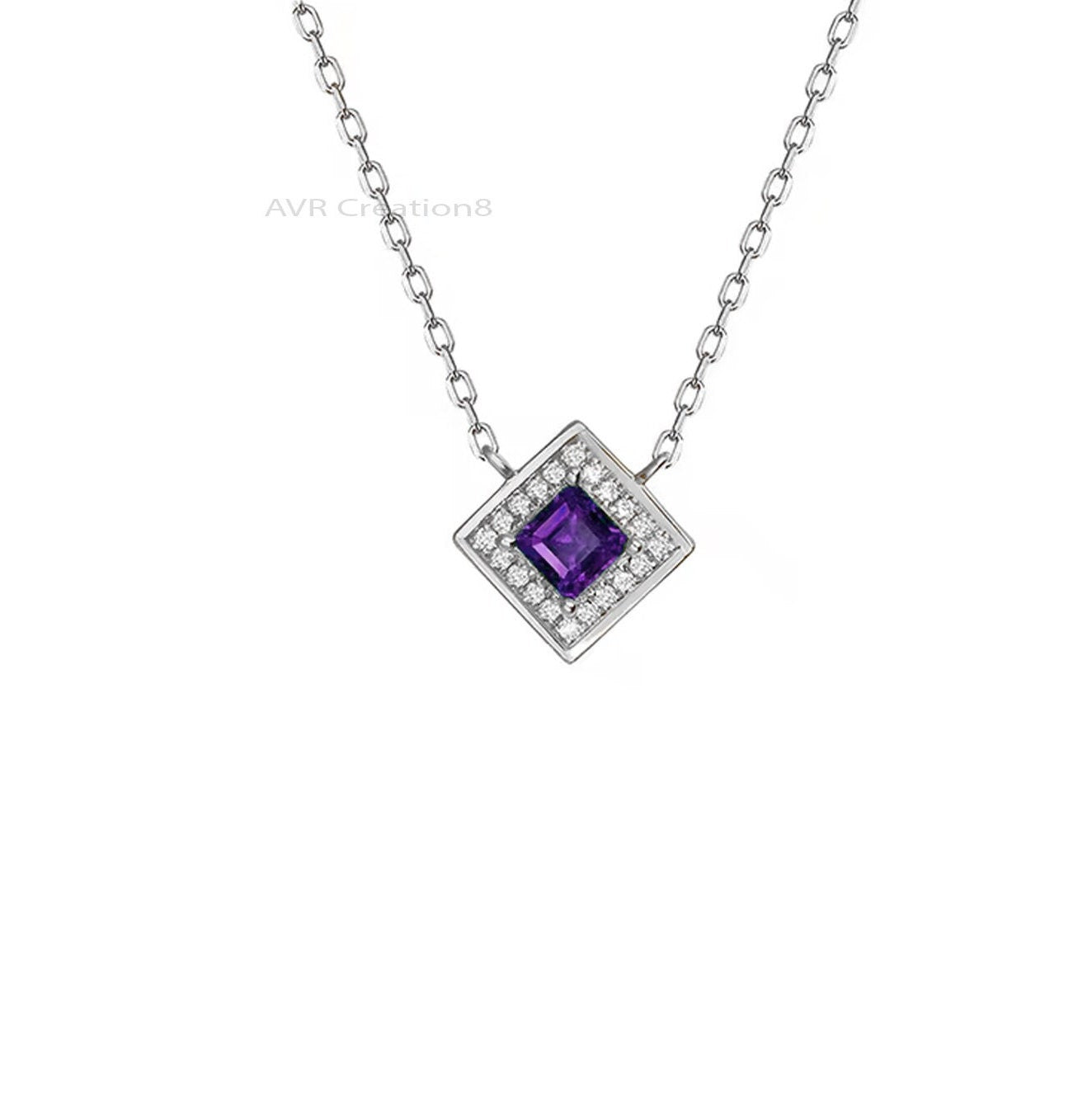 Square Shape Amethyst & Diamond Pendant Necklace, Diamond Pendant, 14K White Gold Plated, Handmade Pendant Necklace, Pendant For Women