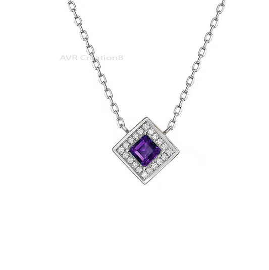 Square Shape Amethyst & Diamond Pendant Necklace, Diamond Pendant, 14K White Gold Plated, Handmade Pendant Necklace, Pendant For Women