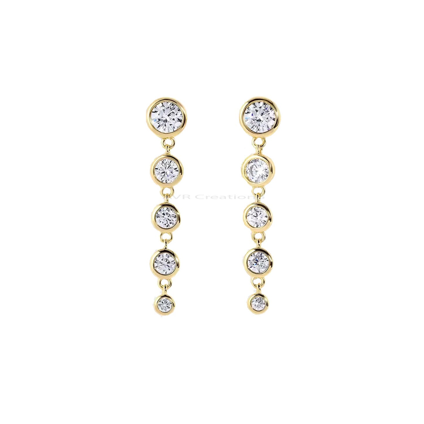 Women Round Cut Diamond Dangle Earrings, Bezel Set Dangle Earrings, 14K Yellow Gold Plated, Five Stone Earrings, Silver Long Dangle Earrings