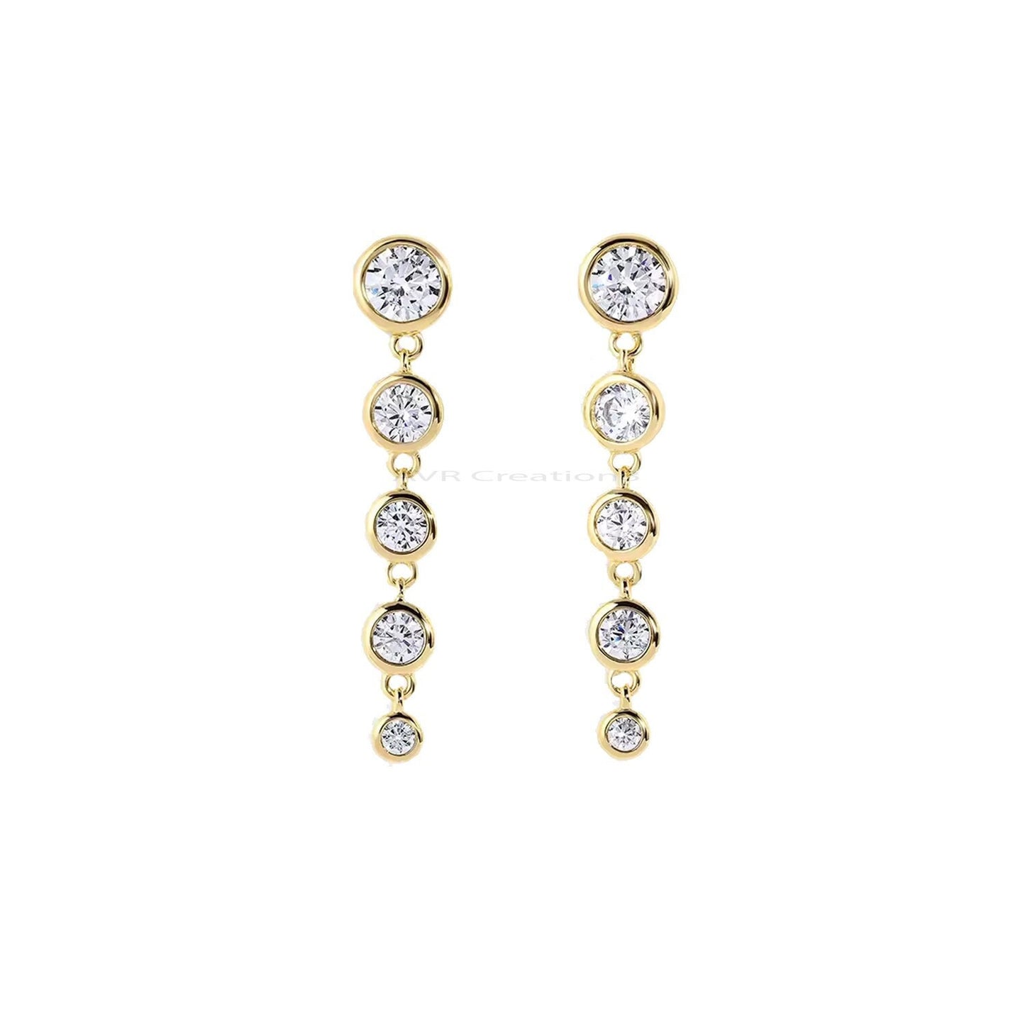 Women Round Cut Diamond Dangle Earrings, Bezel Set Dangle Earrings, 14K Yellow Gold Plated, Five Stone Earrings, Silver Long Dangle Earrings