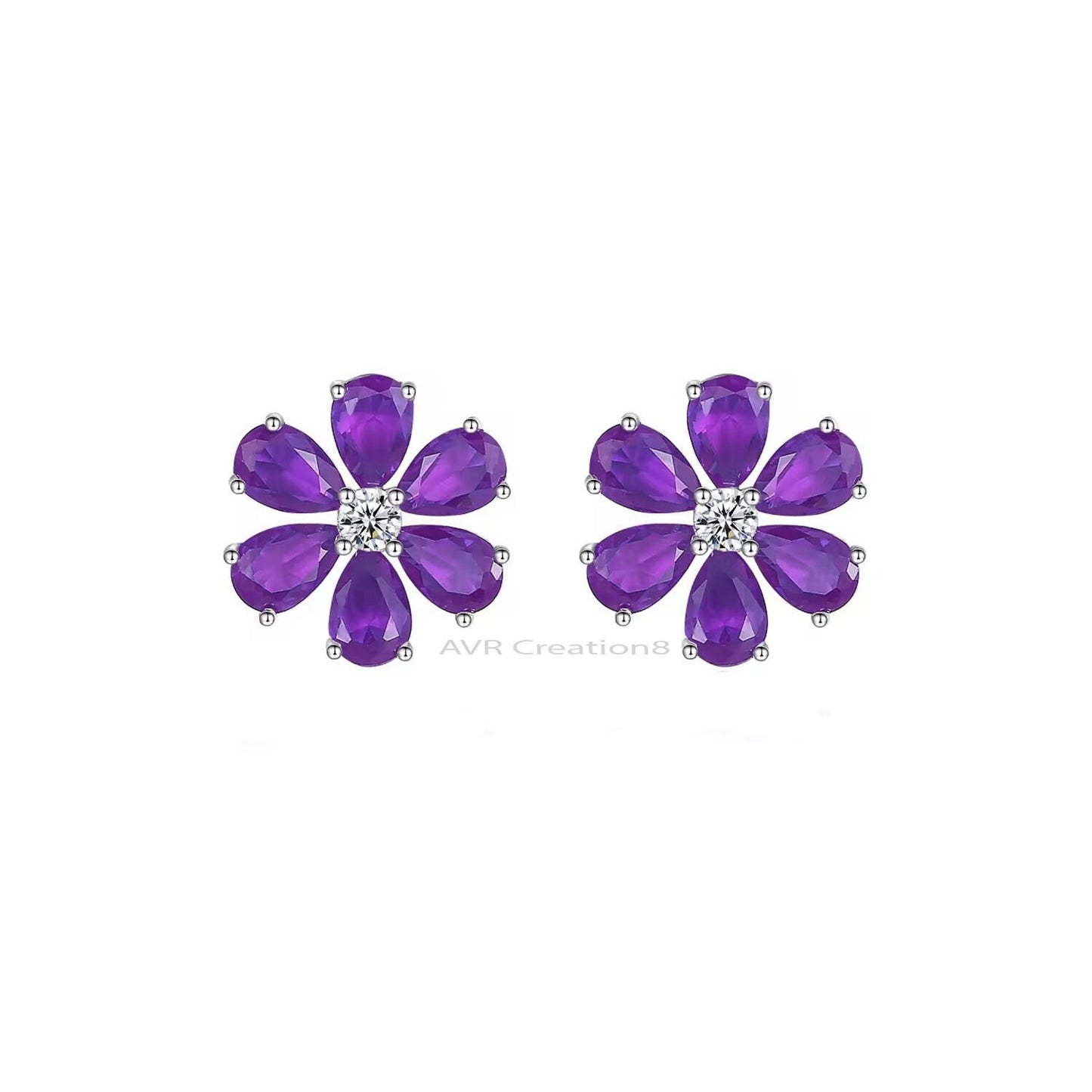 Flower Halo Amethyst earrings, Amethyst Stud Earrings, Stud Earrings For Women, February Birthstone Pushback Earrings, 925 Sterling Silver