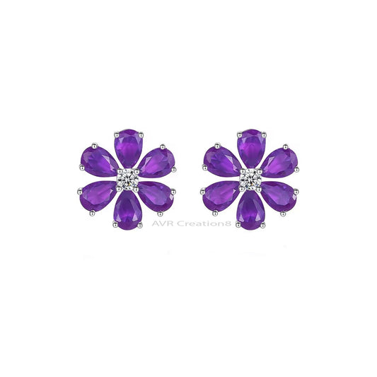 Flower Halo Amethyst earrings, Amethyst Stud Earrings, Stud Earrings For Women, February Birthstone Pushback Earrings, 925 Sterling Silver