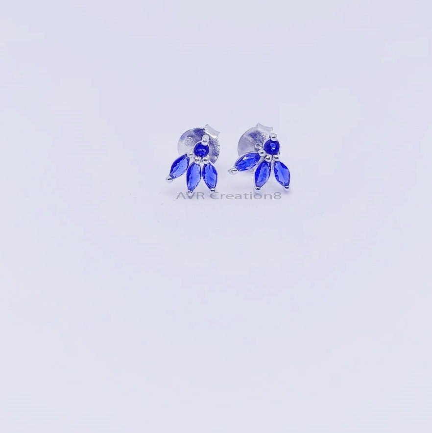 Dainty Blue Sapphire Cluster Stud Earrings | Sterling Silver Teardrop/Marquise Blue Gemstone Earrings | Elegant Gift for Her |
