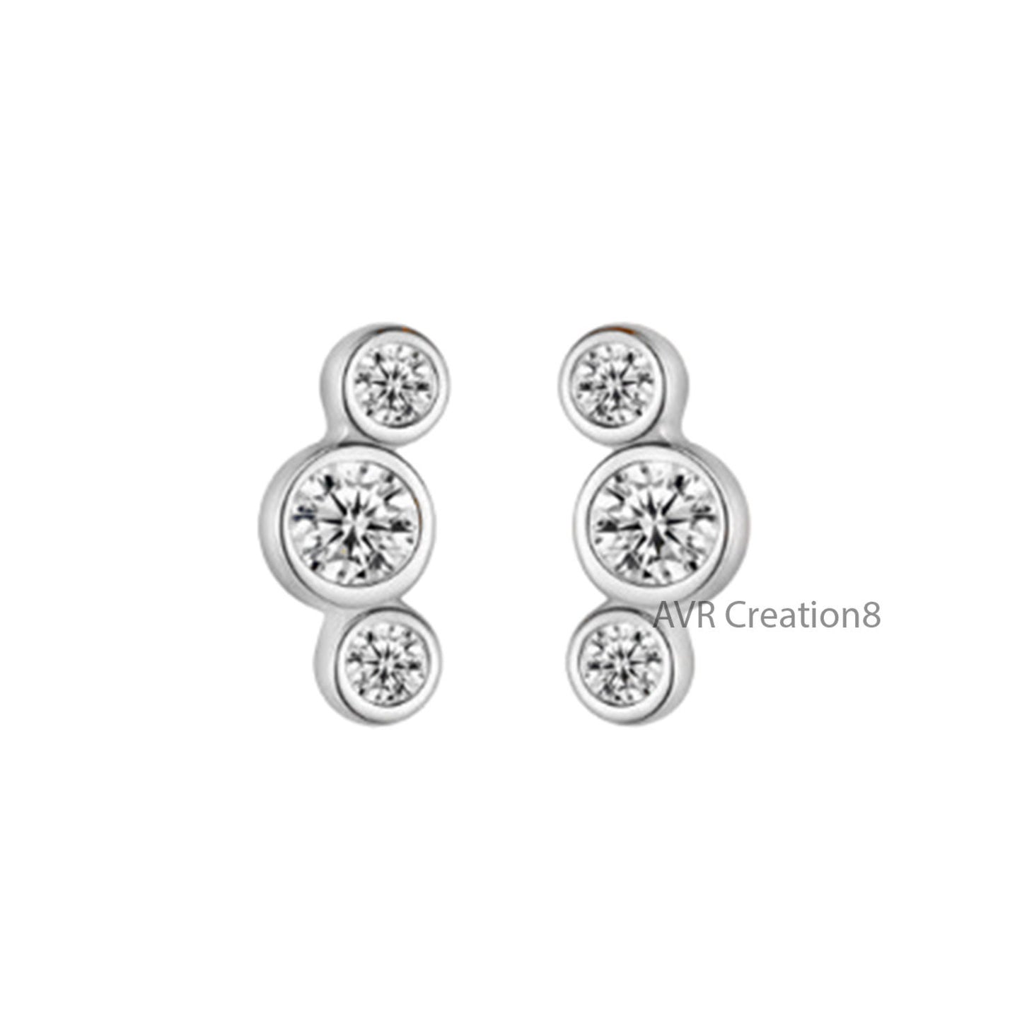 Three Stone Diamond Stud Earrings, Bezel Set Round Stud Earrings, Bezel Diamond Earrings, 14K White Gold Plated, Mother's Day Sale, Gifts