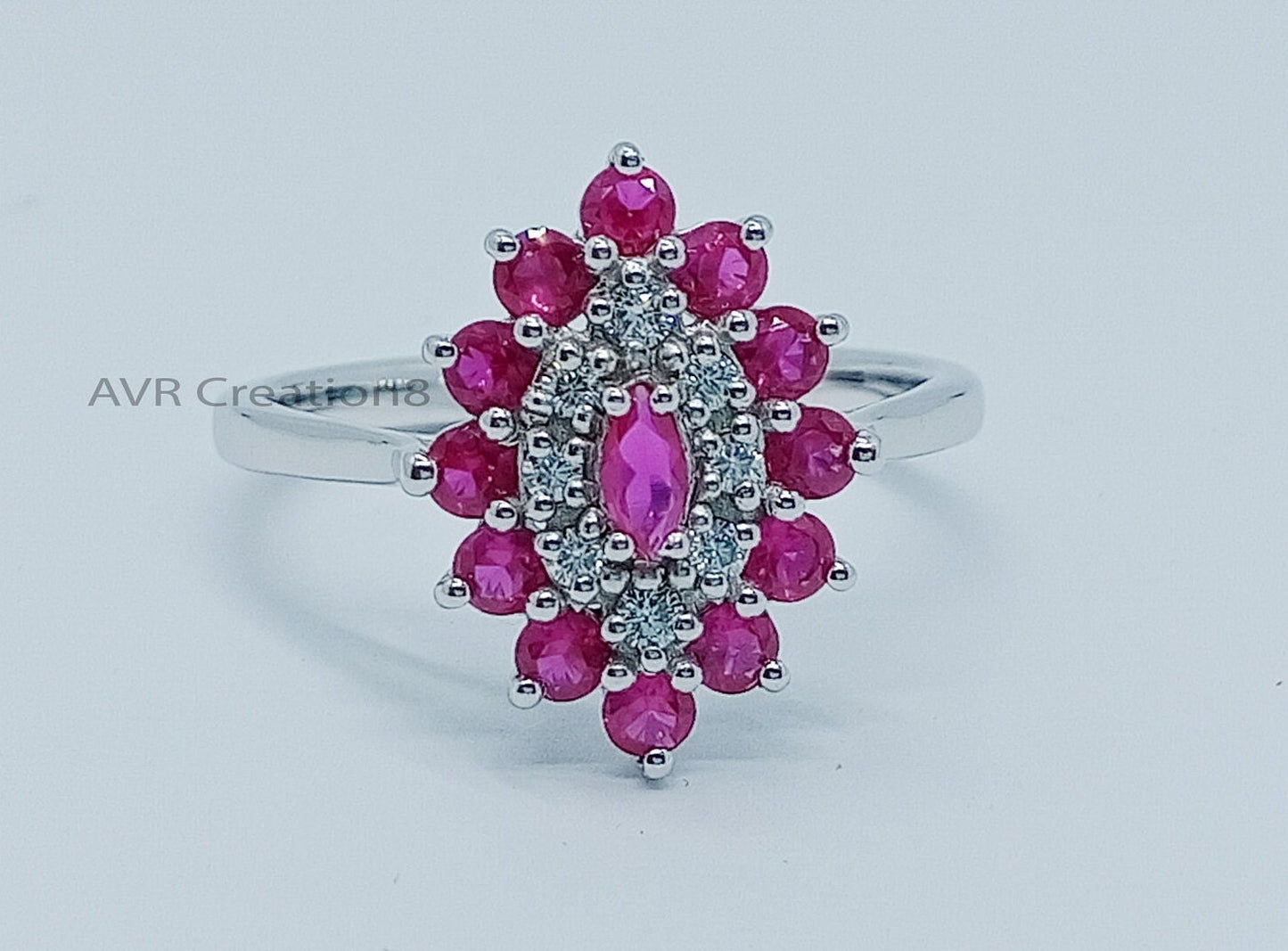 Pink Ruby & Diamond Engagement Wedding Band Ring | Dainty Round Cut Ruby Diamond Ring | 925 Sterling Silver | Minimalist Ring For Women