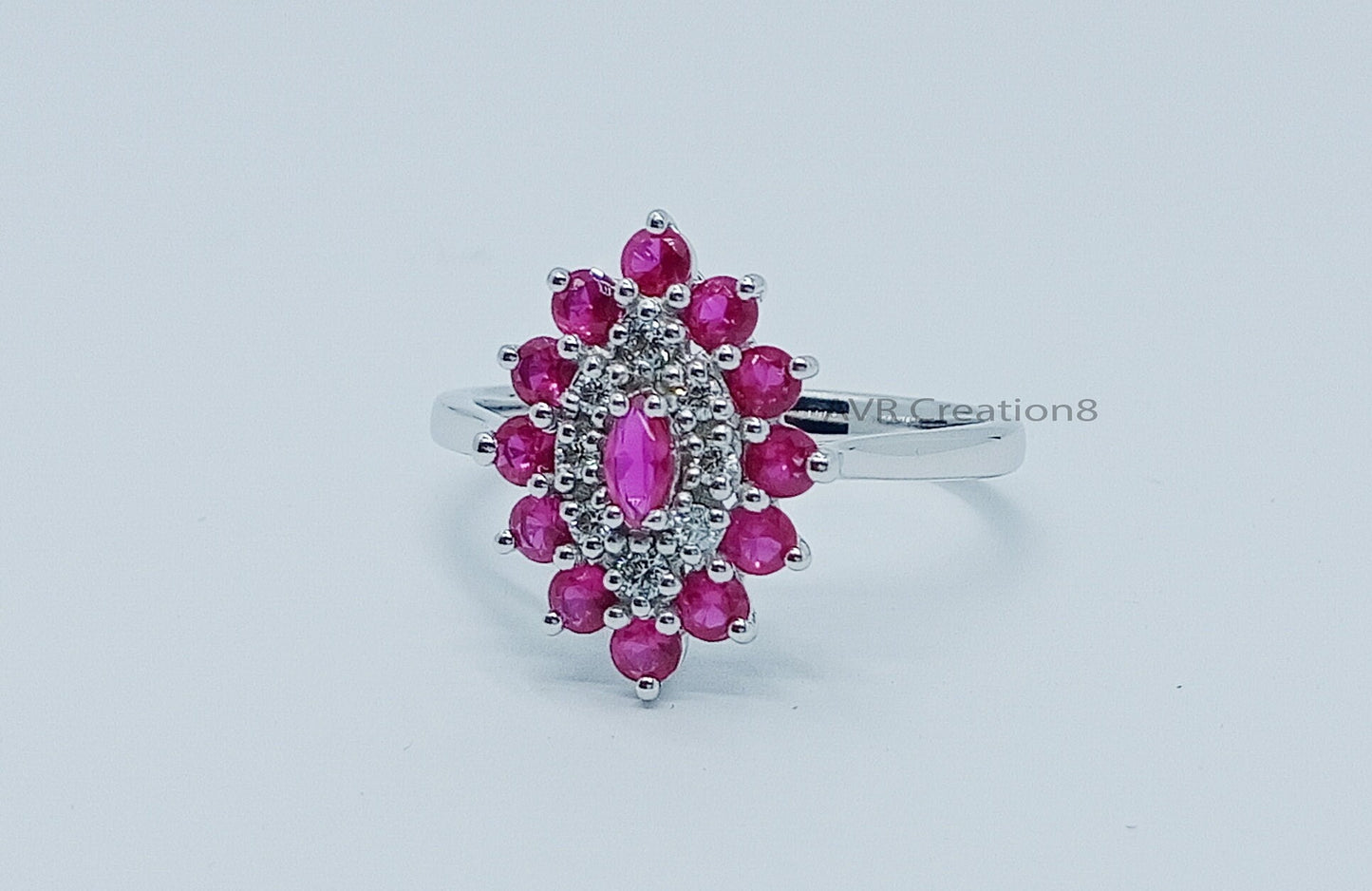 Pink Ruby & Diamond Engagement Wedding Band Ring | Dainty Round Cut Ruby Diamond Ring | 925 Sterling Silver | Minimalist Ring For Women