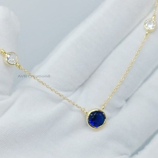Blue Sapphire & Diamond Necklace Pendant | Bezel Set Diamond | 14K Yellow Gold Plated | Minimalist Pendant For Women | September Birthstone