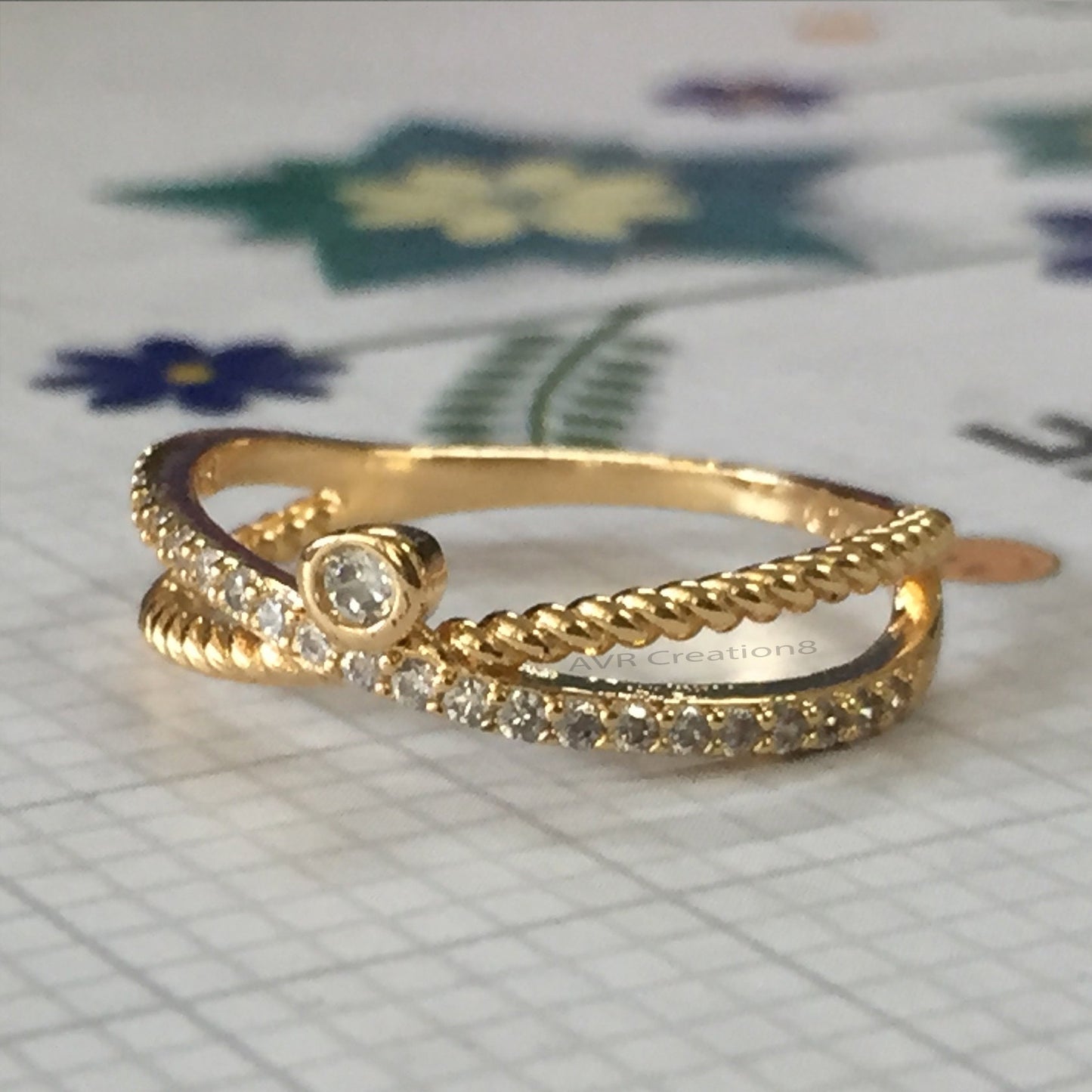 Diamond Wedding Band For Women, Minimalist Crossover Anniversary Band, Stackable Wedding Ring, 14K Yellow Gold Plated Ladies Diamond Ring
