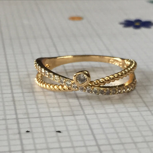 Diamond Wedding Band For Women, Minimalist Crossover Anniversary Band, Stackable Wedding Ring, 14K Yellow Gold Plated Ladies Diamond Ring