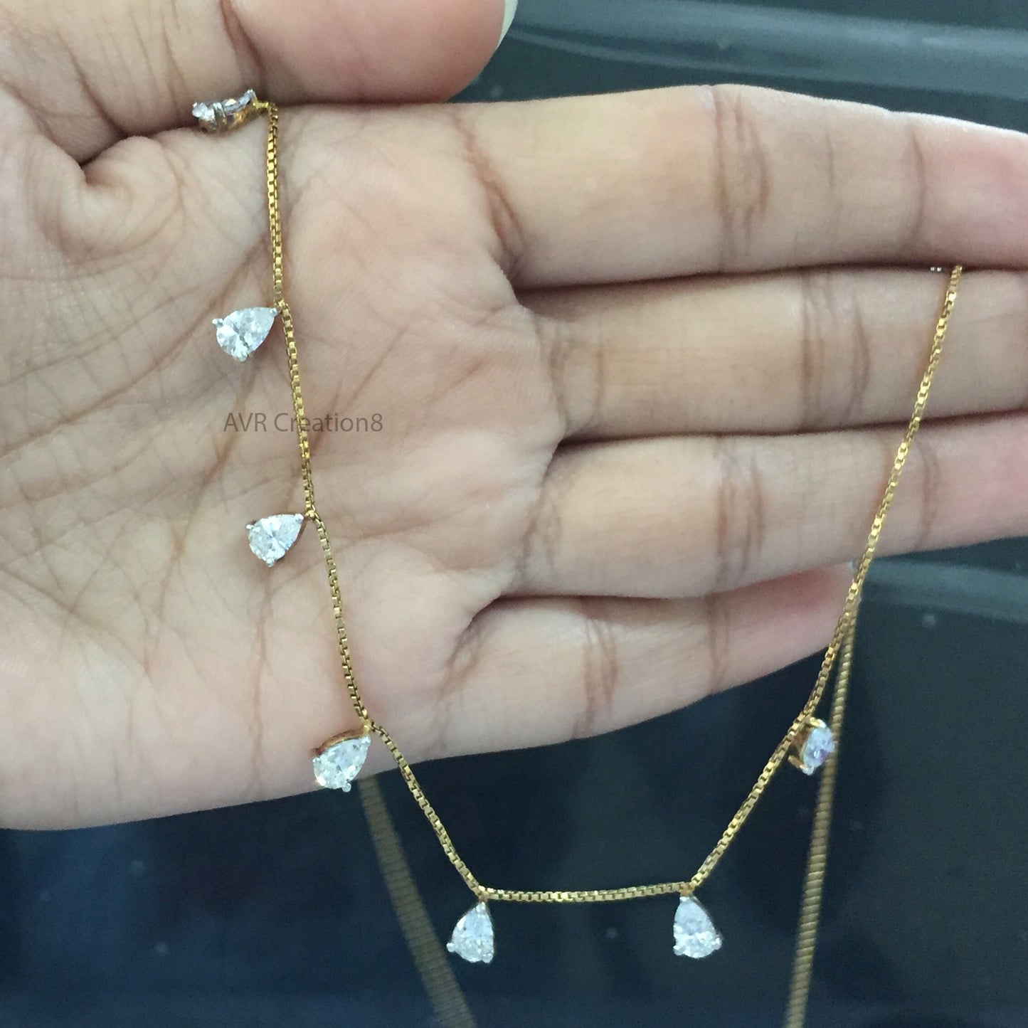 Pear Cut Diamond Stations Necklace For Women, Teardrop Diamond Necklace, Charm Station Necklace, Anniversary Gifts, 14K Yellow Gold Plated