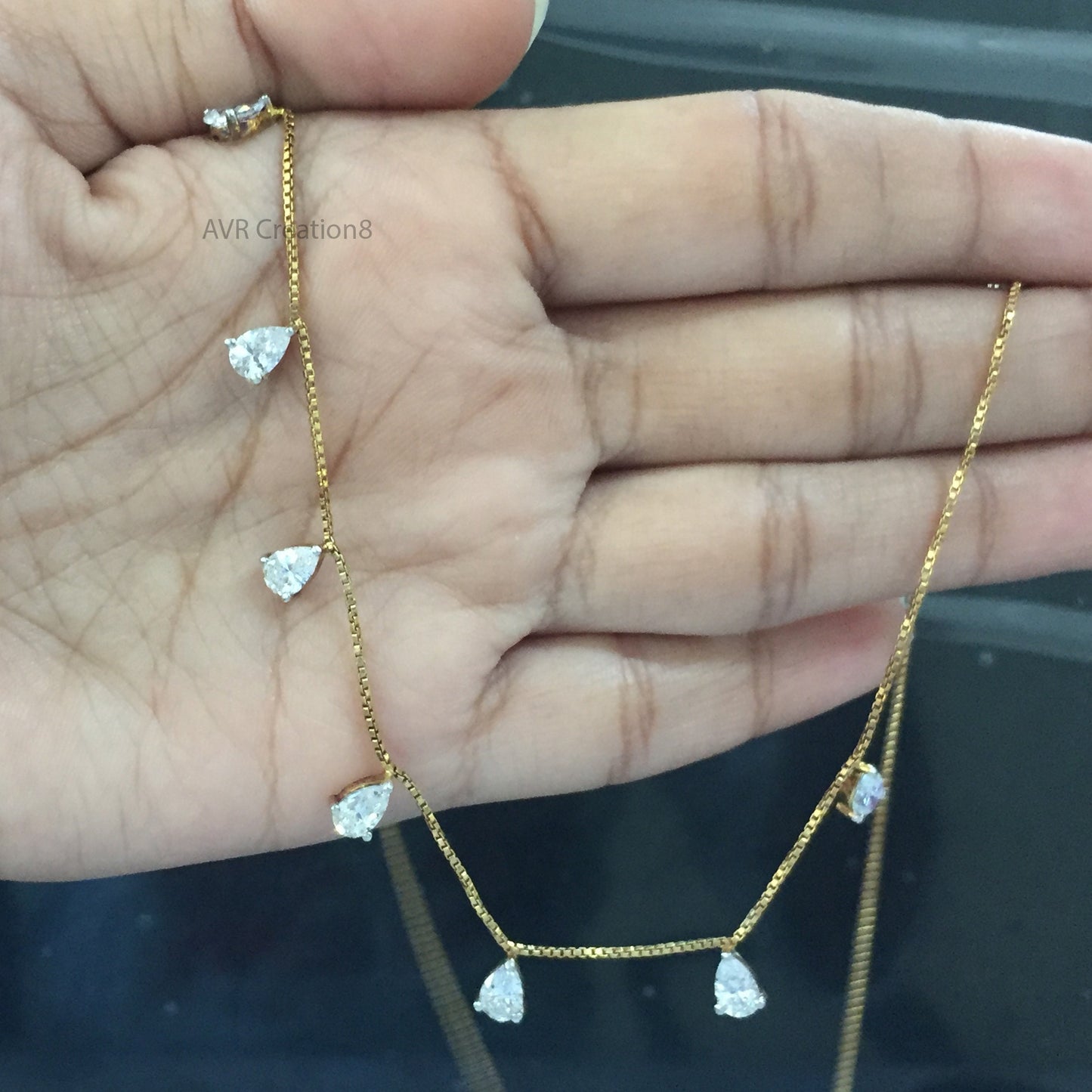 Pear Cut Diamond Stations Necklace For Women, Teardrop Diamond Necklace, Charm Station Necklace, Anniversary Gifts, 14K Yellow Gold Plated