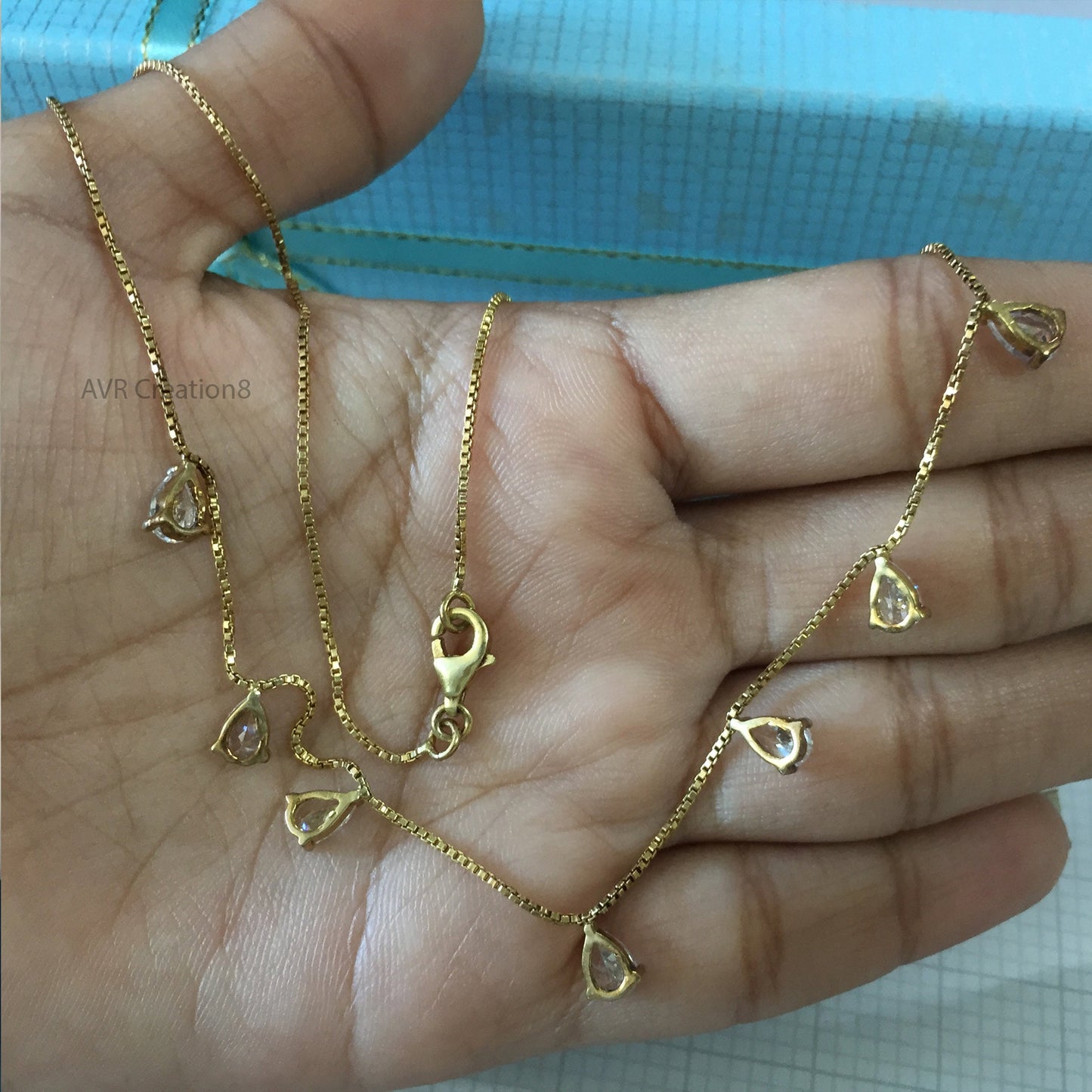 Pear Cut Diamond Stations Necklace For Women, Teardrop Diamond Necklace, Charm Station Necklace, Anniversary Gifts, 14K Yellow Gold Plated