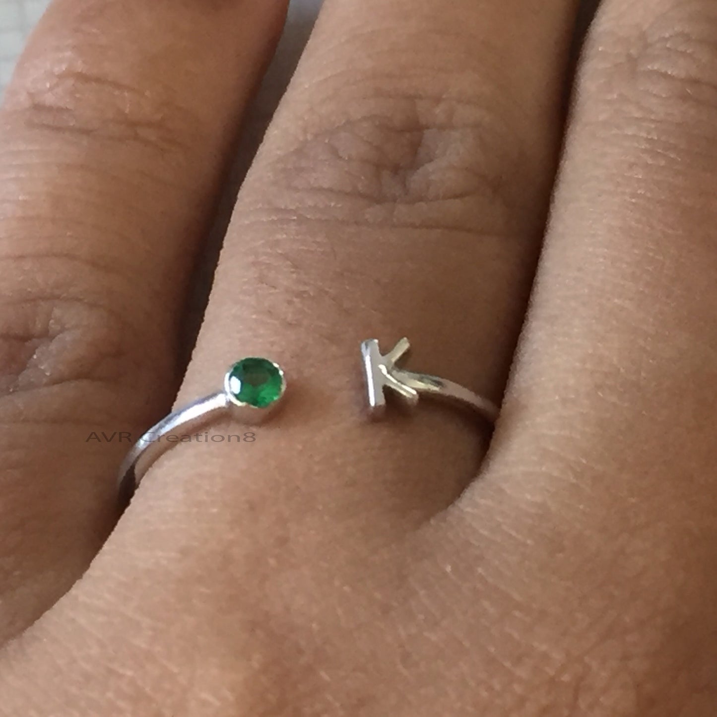 Open Design Emerald and "K" Initial Letter Ring, Dainty Open Cuff Ring, Handmade Ring, Round Emerald Ring, 14k White Gold Plated Size 7