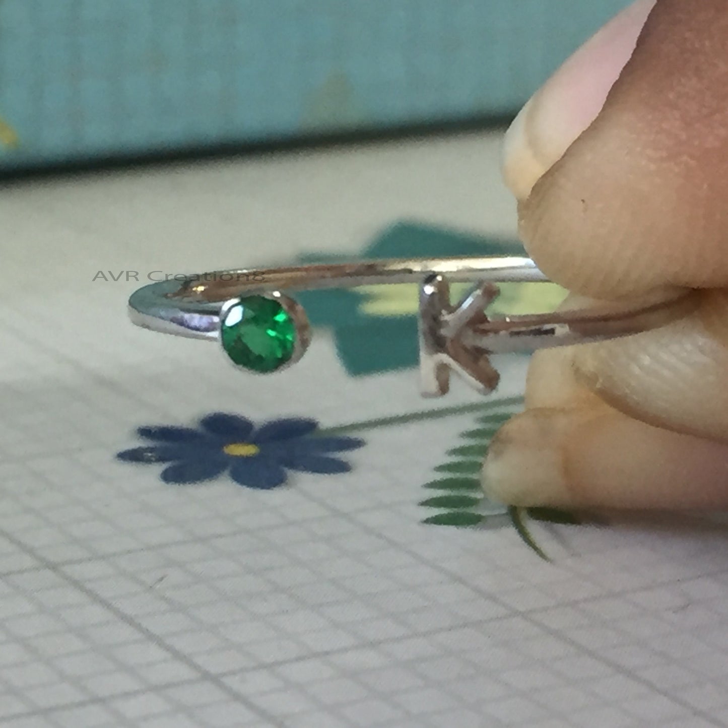 Open Design Emerald and "K" Initial Letter Ring, Dainty Open Cuff Ring, Handmade Ring, Round Emerald Ring, 14k White Gold Plated Size 7