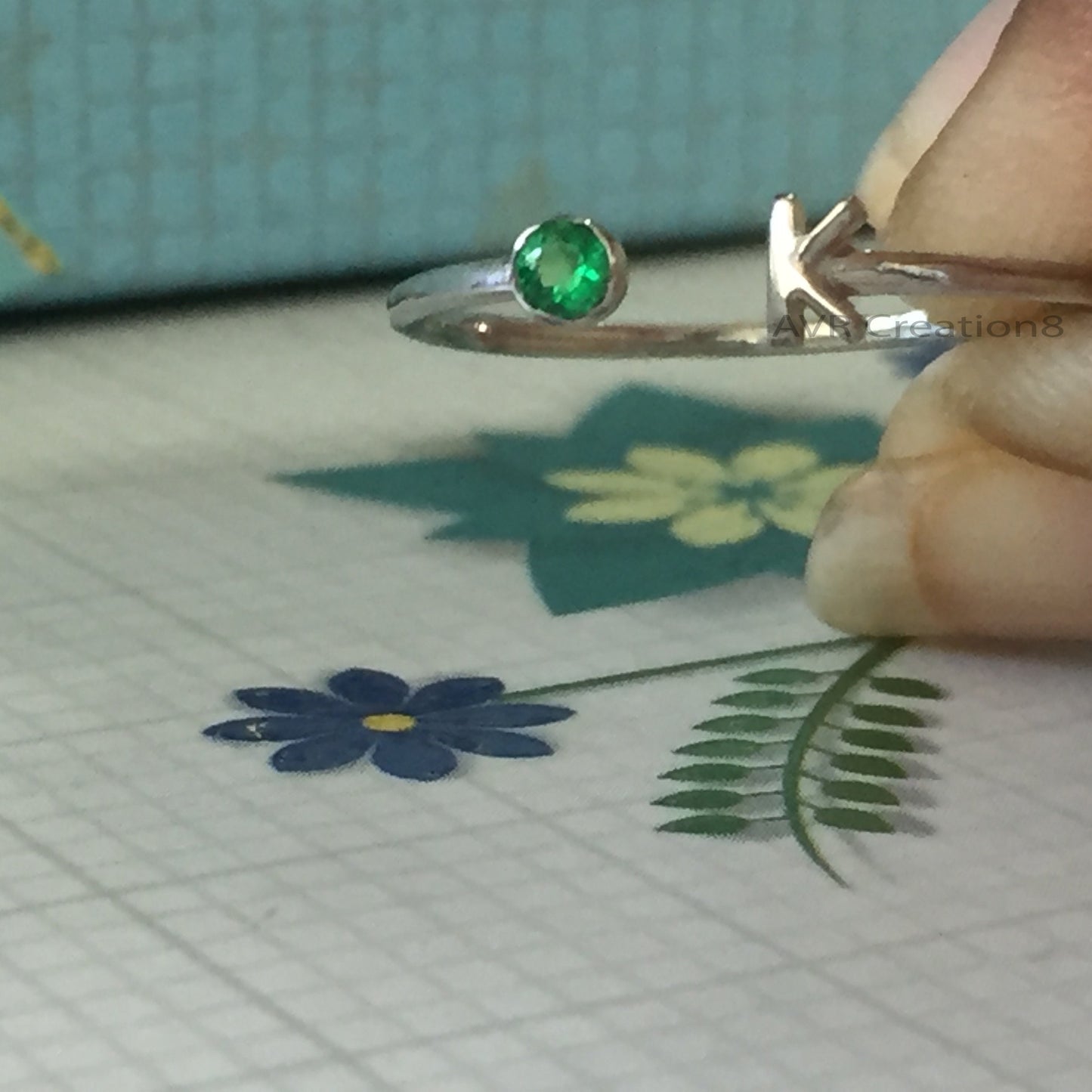 Open Design Emerald and "K" Initial Letter Ring, Dainty Open Cuff Ring, Handmade Ring, Round Emerald Ring, 14k White Gold Plated Size 7