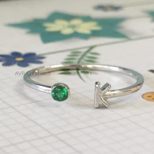 Open Design Emerald and "K" Initial Letter Ring, Dainty Open Cuff Ring, Handmade Ring, Round Emerald Ring, 14k White Gold Plated Size 7
