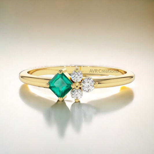 Princess Cut Emerald & Diamond Ring | Gold Cluster Ring | Emerald Engagement Ring | May Birthstone Ring | Dainty Gemstone Ring
