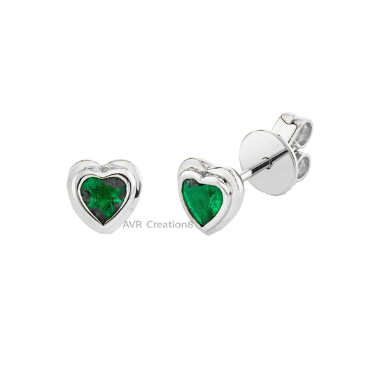Heart Cut Created Green Emerlad Stud Earrings, Heart Shape Emerlad Birthstone Studs Gift For Her, 14K White Gold Plated, Anniversary Gifts