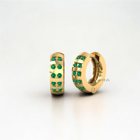 Round Cut Green Emerald Huggie Hoop Earrings, 14k Yellow Gold Plated, Anniversary Gift, May Birthstone Birthday Gifts, Women's Hoop Earrings