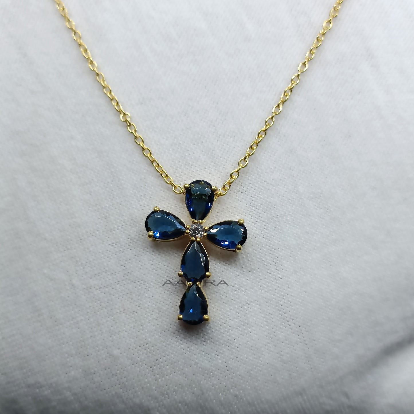Blue Sapphire Cross Necklace, 14k Yellow Gold Plated, September Birthstone Pendant For Women, Sapphire and Diamond Pendant, Anniversary Gift