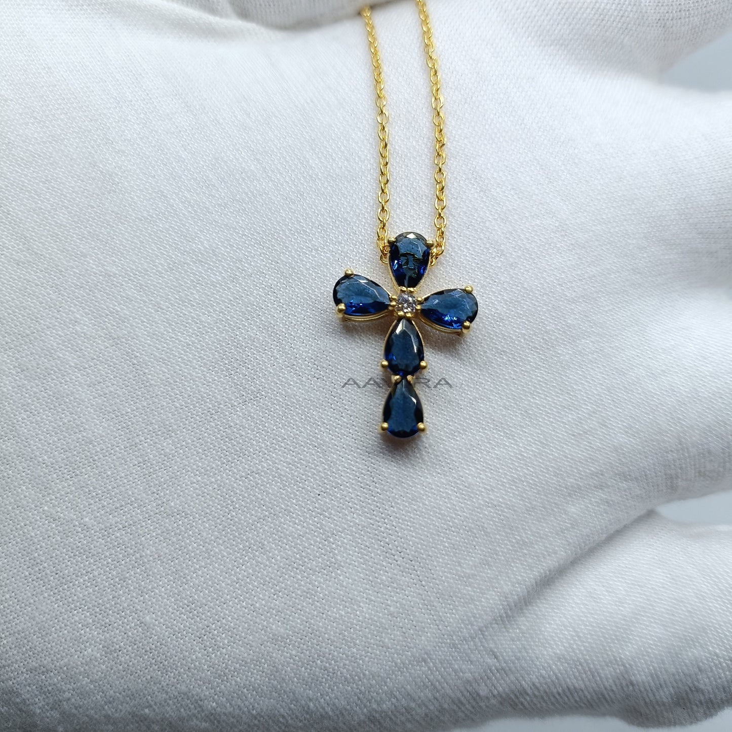 Blue Sapphire Cross Necklace, 14k Yellow Gold Plated, September Birthstone Pendant For Women, Sapphire and Diamond Pendant, Anniversary Gift