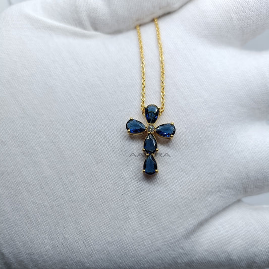 Blue Sapphire Cross Necklace, 14k Yellow Gold Plated, September Birthstone Pendant For Women, Sapphire and Diamond Pendant, Anniversary Gift
