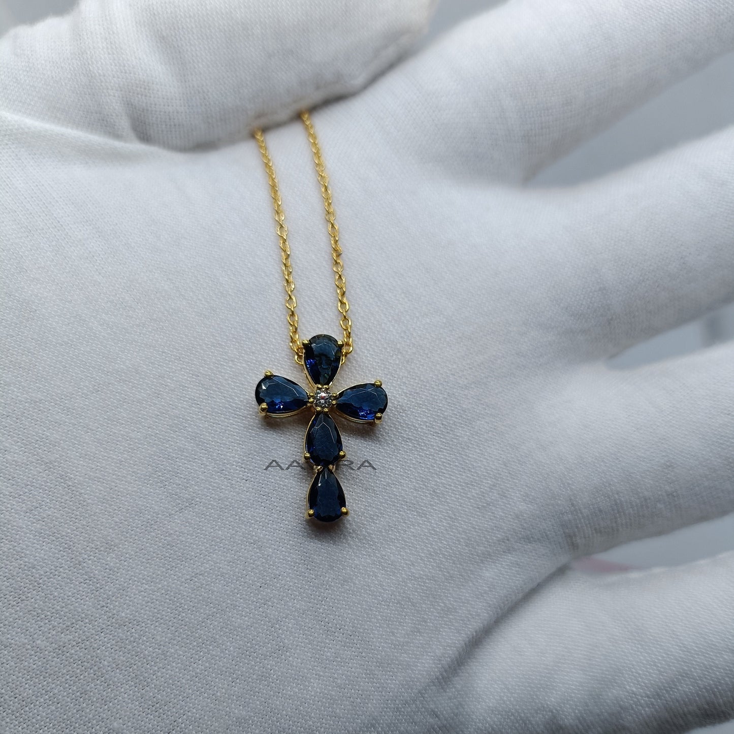 Blue Sapphire Cross Necklace, 14k Yellow Gold Plated, September Birthstone Pendant For Women, Sapphire and Diamond Pendant, Anniversary Gift