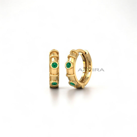 Bezel Green Emerald Hoop Earrings, Gemstone Huggie Hoop Earrings, Round Emerald Earrings, Minimalist Earrings, Hoop Earrings For Women, Gift