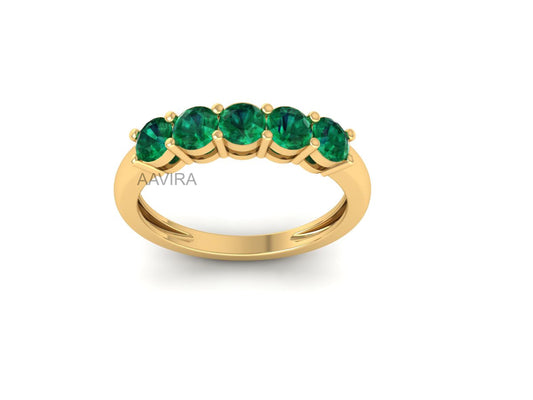 Green Emerald Round Band Ring, Anniversary Gifts, 14K Yellow Gold Emerald Band, Women's Ruby Ring, Half Eternity Wedding Band, Gemstone Ring