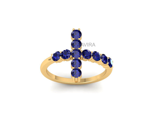 Cross Sapphire Ring, Cross 14k Yellow Gold Ring, Ruby Cross Ring, September Birthstone Ring, Cross Statement Ring, Religious Jewelry, Gifts