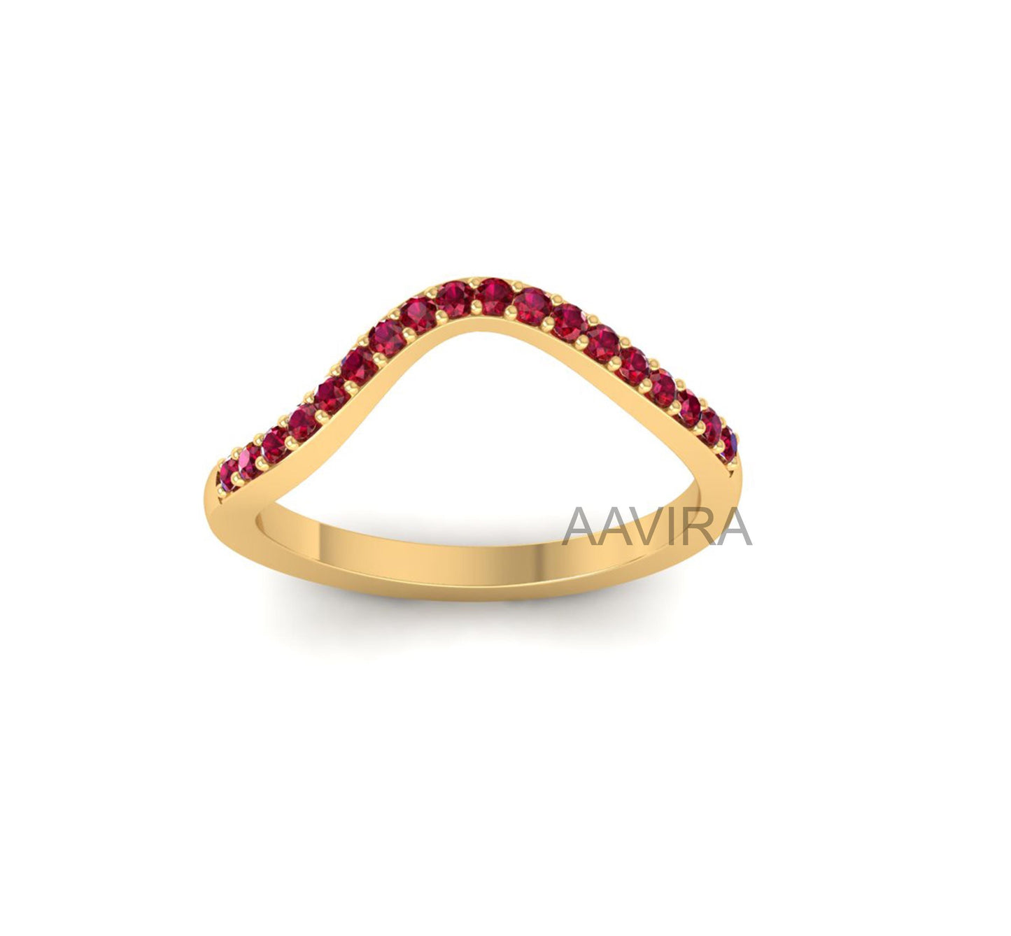 Round Ruby Curved Band Ring, Wedding Band Ring, Dainty Everyday Band Ring, 14K Yellow Gold Anniversary Gifts,  Chevron Ring For Women's