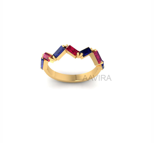 Baguette Cut Ruby & Sapphire Band Ring, Minimalist Band, 14k Yellow Gold Red Ruby Gemstone Band Ring, Birthstone Matching Band, Women's Ring