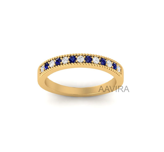 Alternate Sapphire & Diamond Ring, Engagement Wedding Band, Round Sapphire Band Ring, Eternity Band Ring, Bridal Band Ring, Handmade Jewelry